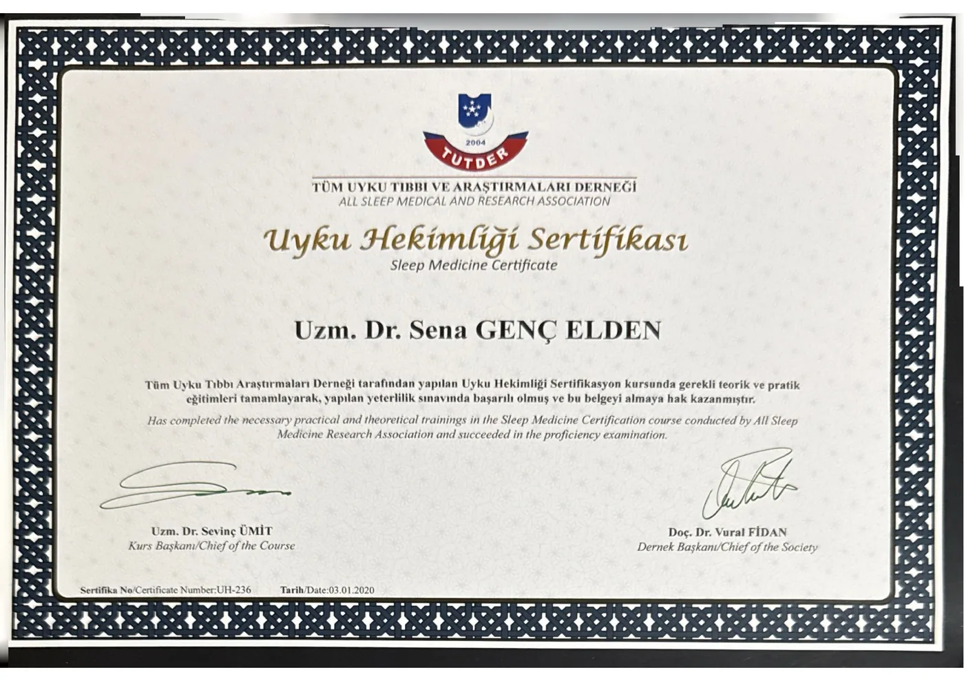 Uyku Hekimliği Sertifikası — Op. Dr. Sena Genç Elden