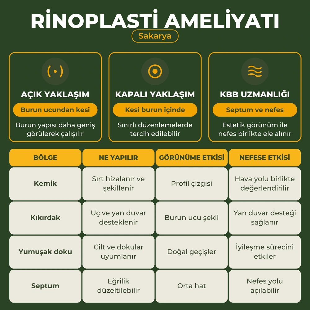 Sakarya rinoplasti ameliyatında açık ve kapalı yaklaşım ile kemik, kıkırdak, yumuşak doku ve septum tablosu